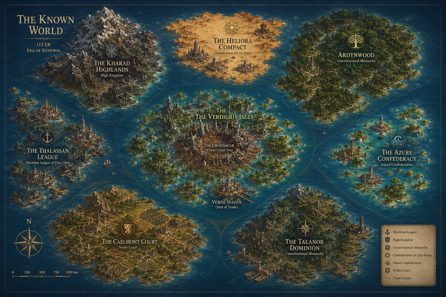 Map of the known world surrounding the Verdigris Isles
