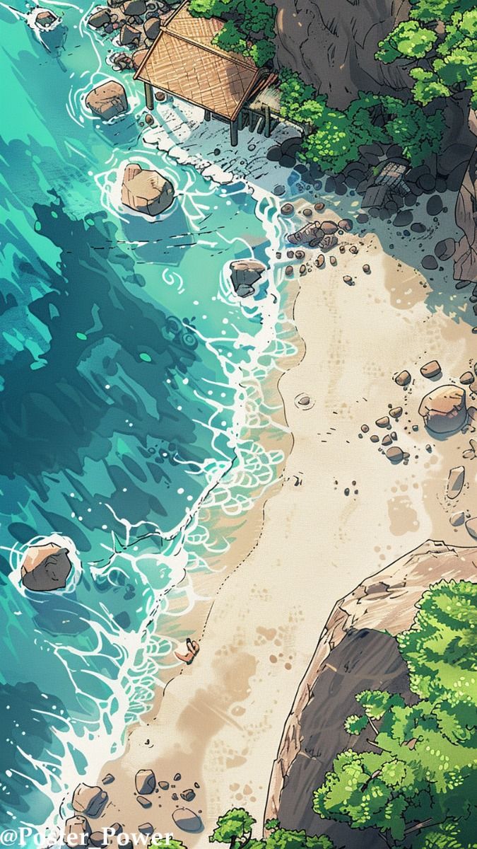 Illustrated tropical island shoreline with turquoise water, white surf, rocks, jungle, cliffs and a small wooden shelter
